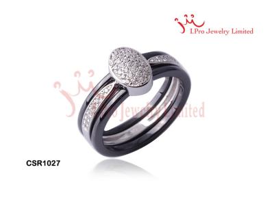 China 2MM Black Trio Stacking Ceramic Silver Rings Sets In Rhodium Plated CSR1014 for sale