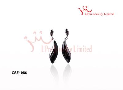 China Long Drop Plain Silver Leaves Shaped Ceramic Huggies Earrings In Fancy CZ Stones for sale