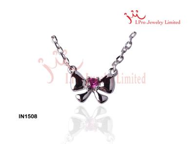 China Ladies Fashion 18 Inch Red Bowknot Silver CZ Necklace Pendants In Rhodium Plated for sale