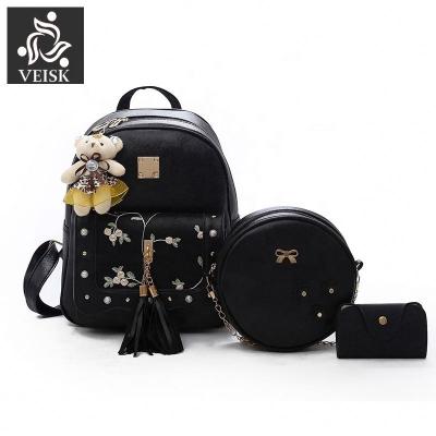 China High Quality 3Pcs Women PU Leather Trim Female School Bags For Teenager Girls Tassel Rucksack Shoulder Card Bag Flower Embroidery Backpacks for sale