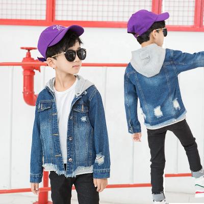 China OEM 2021 Anti-Shrink Autumn Winter Denim Coat Jackets Custom Made Hooded, Removable Hoodie Ripped Holes Jacket For Kids for sale