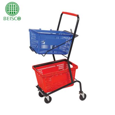 China Unfolding Two Tier Plastic Shopping Cart Trolley, Shopping Trolley Manufacturer, Double Shopping Cart Trolley for sale