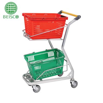 China Double Unfolding Shopping Trolley / Metal Wire Basket Trolley / Popular Two Tier Trolleys for sale