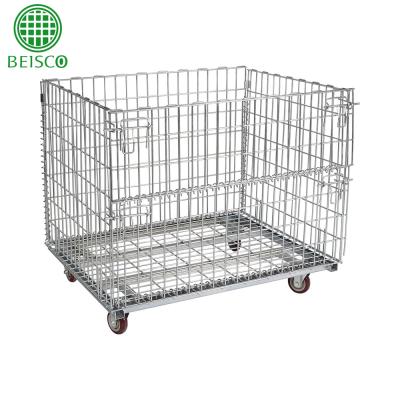 China Metal Wire Mesh Containers With Lid And Casters / Folding And Stacking Container for sale