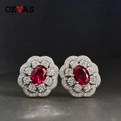 China OEVAS Graceful Ruby Stud Earrings for Women Real 925 Sterling Silver Sparking Earrings Gemstone Stud Earrings for sale