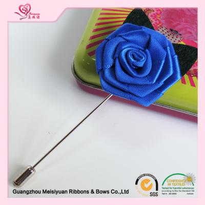 China Royal Blue Satin Ribbon Rose suit flower pin , Rosette Style men's fashion lapel pins for sale