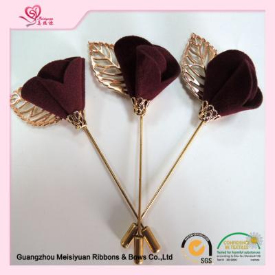 China Metal Leaves Custom black felt Flower lapel pin for suits Polyester Fabric ribbon Material for sale