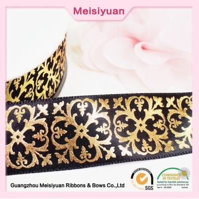 China Gift Package hot foil ribbon With Printed Flower Pattern , christmas present ribbon Black Satin Ribbon for sale