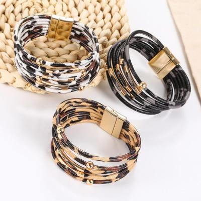 China Punk leopard leather women stylish multilayer wide wrap charm bracelet jewelry 2021 fashion bracelets & bangles for sale