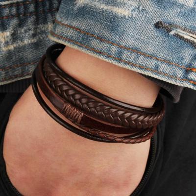 China CLASSIC Multi Layer Leather Braided Wrap Cowhide Magnetic-Clasp Men's Bangle Bracelet Trendy Bangle for sale