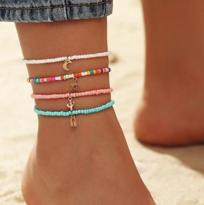 China Summer Bohemian Multilayer Mixed Beach Charm Lock Cactus Moon Star Women Vintage Color 4PCS/SET Anklet Jewelry for sale