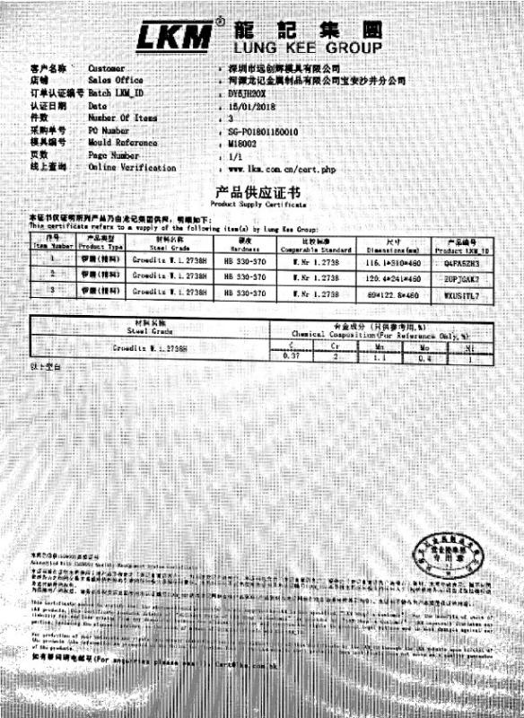 Steel Certificate - WIN WIN MOLD CO., LIMITED.