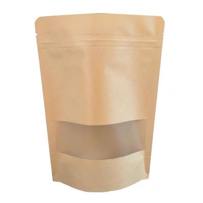 China Biodegradable Custom Printed Stand Up Pouch Ziplock Biodegradable Bags Kraft Paper Flat Bag With Window for sale