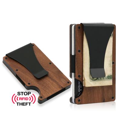 China Newest Portable Minimalist Contract Anti-RFID Card Holder Wooden Wallet With Money Clip For Men for sale