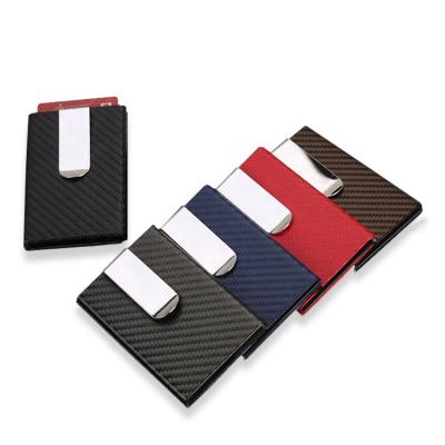 China RFID Card Holder with Clip PU Carbon Fiber Pattern Minimalist Aluminum RFID Card Holder with Silver Clip for Men, Women for sale