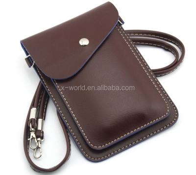 China 2021 Universal Business Brown Color PU Leather Two Layer Cell Phone Pouch With Shoulder Strap for sale