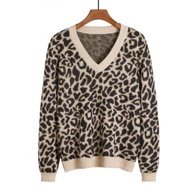 China Anti-wrinkle hot sale sexy women design leopard jacquard Lurex new knit V-neck Jumper Tops Sweater for autumn for sale