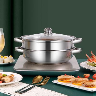 China Stainless Steel Stack and Lid Steamer Pot Glass Lid Food Veg Cooker Set Sustainable Steamer Pot Cooking Pan for sale