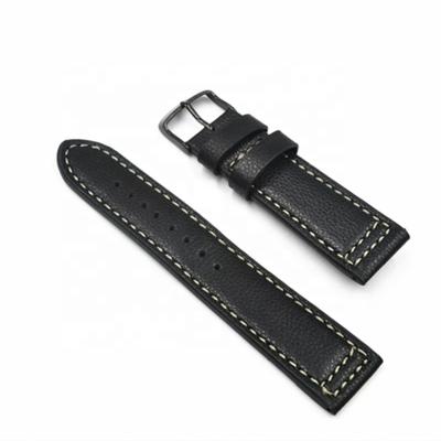 China 22mm Comfortable Have Fashion Stock Product Classic Slot Hide Watch Strap Genuine Leather Black Leather Watch Band for sale