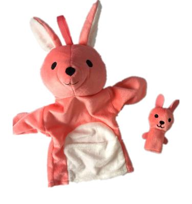 China Custom Logo Soft Pink Rabbit Plush Puppet Stuffed Knitted Finger Puppet Plush Rabbit Hand Puppets for sale