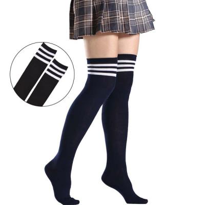 China Fashion Autumn Women Black Polyester Triple White Stripes Pretty Girl Knee High School Sports Breathable Custom Made Wholesale Tube Socks for sale