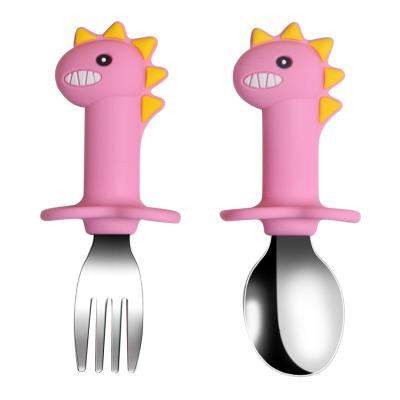 China BPA Free Silicon Stainless Steel Feeding Spoon And Fork Set Cute Design Short Handle for sale