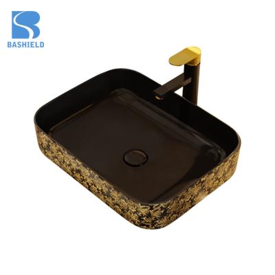 China Factory Gold Contemporary Art Wash Basin Decorated Ceramic Sink Bathroom High Quality Black for sale