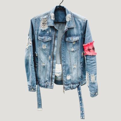 China Breathable custom printed blue jeans jacket for men ripped distressed denim jacket for sale