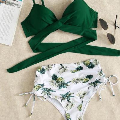 China Two-piece bikini of the new 2022 breathable swimwear set pure texture color swimsuit high G-string ribbed swimwear for sale