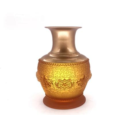 China Offering Brass Home Decorative Vase Crystal Liuli Flower Table Top Vase Relief Vase for sale