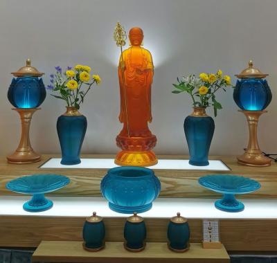 China Auspicious Design Crystal Glass Candle Holders Asian Zen Worship Buddha Flower LED Vase Lights Liuli Fruit Dish Set for sale