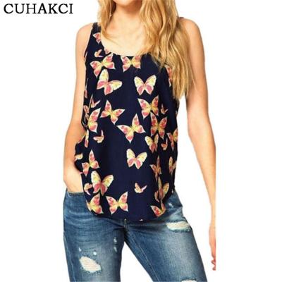 China Summer Women Tank Tops Anti-pilling Thin Chiffon Tops Fashion Butterfly Print O-neck Female Blouses Tops for sale