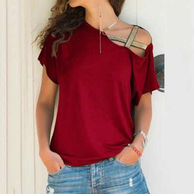 China Anti-Wrinkle Women Bias Neck Irregular Crossover Blouse Patchwork Solid Tops Off The Shoulder Summer Shirt Hollow T-Shirt for sale