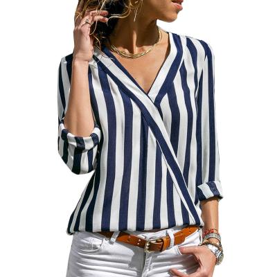 China Women Chiffon V-Neck Blouse Women's Anti-Pilling Casual Office Tops Long Sleeve Blouse Shirts Striped Deep V-Neck Shirts for sale