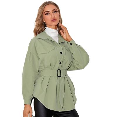 China Autumn Women Clothing Casual Macaron Solid Color Shirt Jacket Viable Belt Pockets Single Button Slim Coat for sale