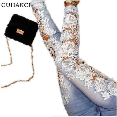 China CUHAKCI Breathable High Quality Women's Retro High Quality Lace Flower Cavity Crochet Party Jeans Plus Size for sale