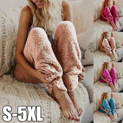 China Faux Fur Women Winter Anti-wrinkle Fleece Long Pajamas Wide Leg Pants Pajamas Soft Loose Thick Plush Pants for sale