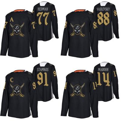 China Embroidery 21 Brayden Point 91 Steven Stamkos 77 Victor Hedman Lightning 2022 Pirate-Themed Warmups Gasparilla Black Inspired Hockey Tank Top for sale