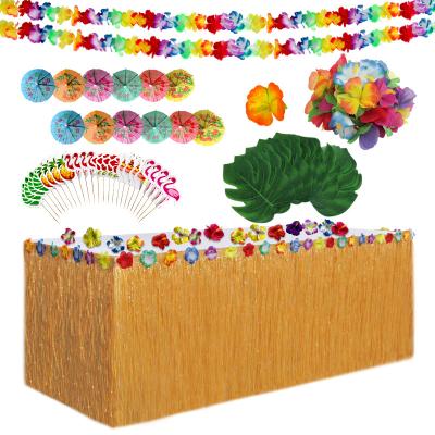 China 102PCS Party Table Skirt Combination Hawaiian Party Set Include Turtle Leaf Hibiscus Flower Cake Fruit Toothpicks for sale