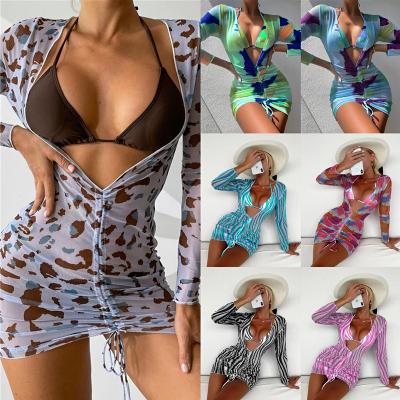 China Bikini 2022 New Mesh Transparent Digital Printed Three-Piece Set Long Sleeve Bikini Sun Protection Pullover Swimwear For Women for sale