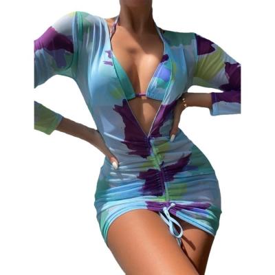 China 2022 New 3pcs transparent digital print bikini breathable sunscreen pullover swimwear women for sale