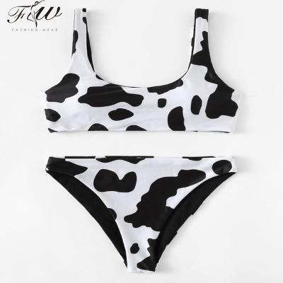 China Latest design breathable u-neck tops high leg panty cow pattern printed thong bikini for sale