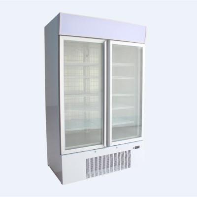 China Large Storage Compressor Headroom Commercial Glass Door Double Upright Freezer White for sale