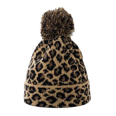 China JOINT Wholesale Custom Knitted Hats Leopard Embroidered Logo Warm Beanie Women's Crochet Winter Hat for sale