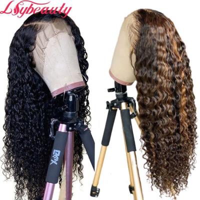 China Deep Wave Natrual Black Blonde Highlights Pre Plucked Curly Lace Front Raw Virgin Human Hair Transparent Wigs Deep Wave HD Wig Mix Color for sale