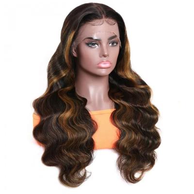 China Lsybeauty Medium Wavy Part Body Wave Hair Wigs Brown Color Lace Wigs With #30 Color Highlights 150% Density for sale