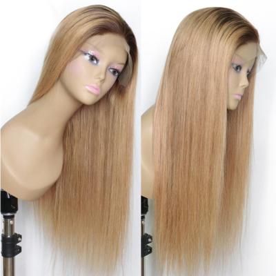 China Long Silky Straight Wave Ombre Strawberry Honey Blonde Color Straight Virgin Hair Wigs With Brown Root, Color T4/27 Front Lace Wigs for sale