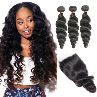 China Free Shipping LOOSE DEEP WAVE Brazilian Loose Wave Bundles With Closure 100% Remy Hair 3 Bundles With 4*4 Lace Up Closure Free Piece for sale