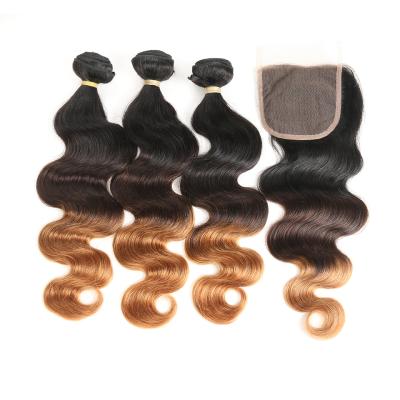 China Hot Selling Ombre Body Wave 3 Tones Brazilian Virgin Hair Wefts Brazilian Virgin Hair Body Wave Hair Bundle Weave With 4x4 Free Closure Part for sale