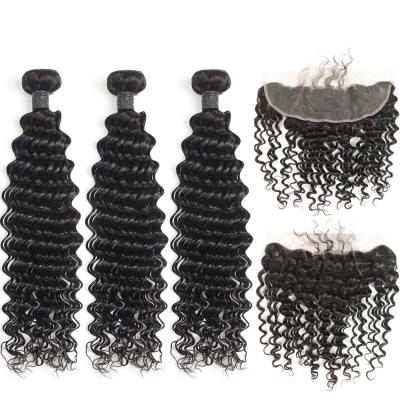 China Peruvian Deep Wave Deep Curly Hair 100% Ear Headband Hair Bundles Weft Weave With Closure Sew In Hair Hair Fronal Extensions for sale